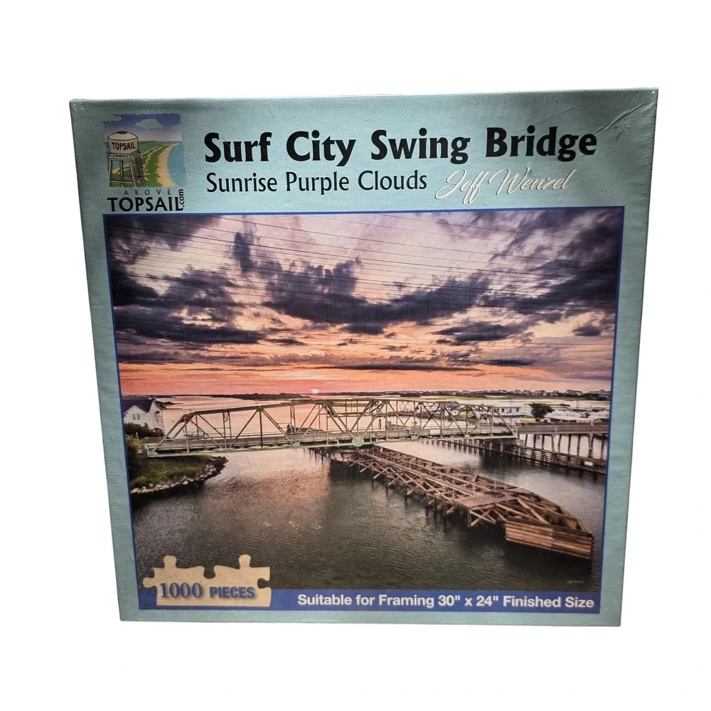 Above Topsail Surf City Swing Bridge 1000 Piece Puzzle Sunrise Purple Clouds